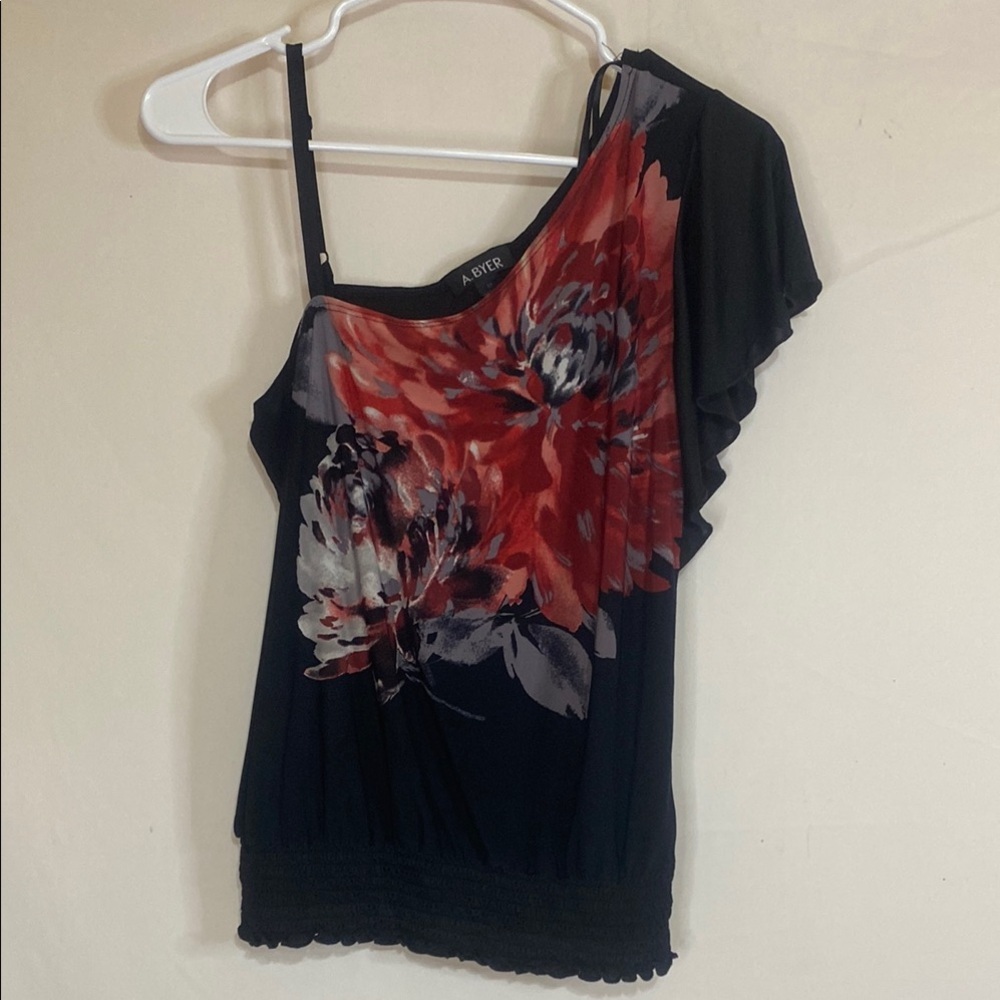 Black and Red Asymmetrical Ruffled Blouse